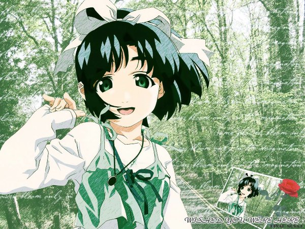 Anime picture 1280x960 with starship girl yamamoto yohko j.c. staff hakuhouin ayano watanabe akio single looking at viewer short hair open mouth black hair simple background smile green eyes copyright name sleeves past wrists third-party edit girl bow plant (plants) hair bow tree (trees)