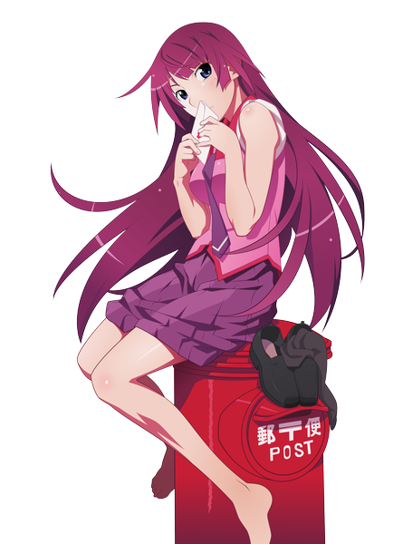 Anime picture 5937x8000 with bakemonogatari senjougahara hitagi manaalchemist single long hair tall image highres blue eyes absurdres purple hair legs transparent background girl skirt uniform school uniform necktie letter purple skirt love letter