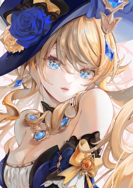 Anime picture 4000x5656 with genshin impact navia (genshin impact) kns hanazuna single long hair tall image looking at viewer fringe highres breasts blue eyes light erotic blonde hair hair between eyes large breasts bare shoulders absurdres cleavage upper body parted lips