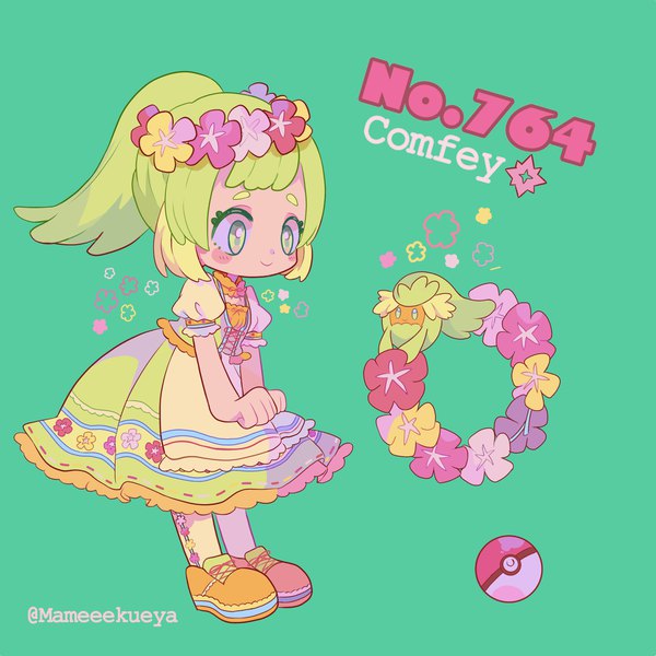 Anime picture 1865x1865 with pokemon nintendo comfey mameeekueya single long hair highres simple background smile green eyes signed looking away full body ponytail green hair puffy sleeves character names twitter username green background personification