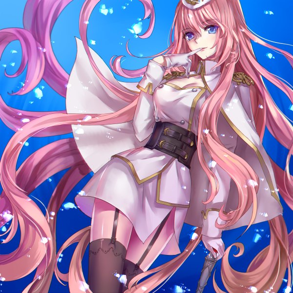 Anime picture 1200x1200 with vocaloid megurine luka monogo single fringe breasts blue eyes holding looking away pink hair cleavage very long hair alternate costume finger to mouth glow alternate hair length glove biting girl thighhighs gloves
