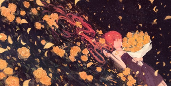 Anime picture 1500x760 with vocaloid nekomura iroha 72 (nananatsu) single long hair wide image pink hair lying pink eyes girl dress petals water rose (roses) bouquet