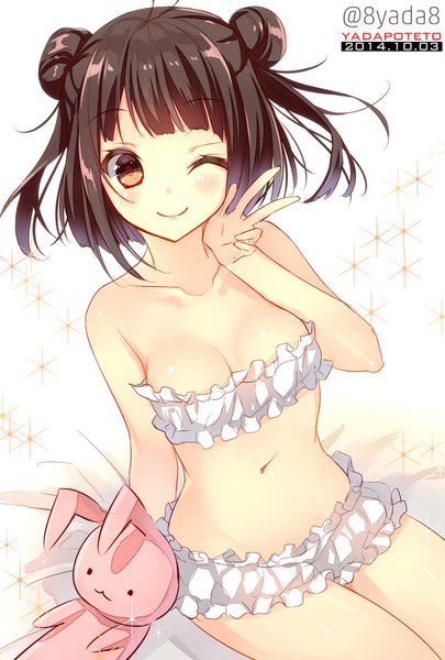Anime picture 700x1035 with kantai collection naka light cruiser yadapot single tall image looking at viewer blush short hair breasts light erotic smile sitting bare shoulders brown eyes one eye closed wink bare belly hair bun (hair buns) logo girl