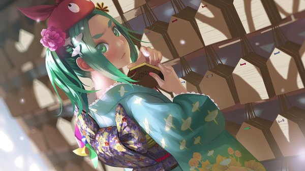 Anime picture 1920x1080 with nisemonogatari tsukimonogatari shaft (studio) monogatari (series) ononoki yotsugi vofan single looking at viewer blush highres short hair wide image twintails holding green eyes traditional clothes japanese clothes hair flower green hair official art