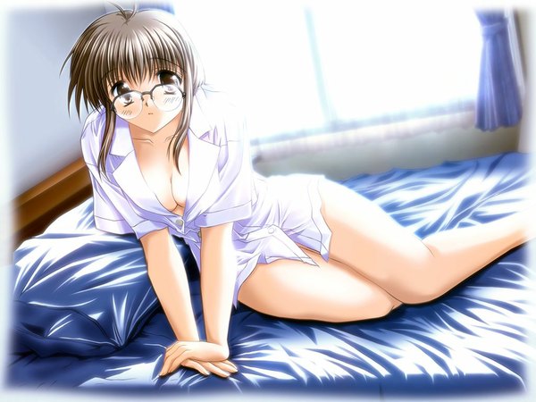 Anime picture 1024x768 with comic party makimura minami light erotic bottomless girl glasses bed
