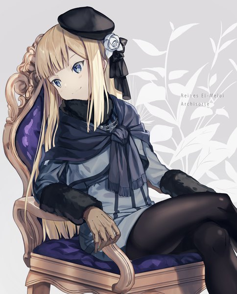 Anime picture 888x1100 with fate (series) fate/grand order lord el-melloi ii case files reines el-melloi archisorte mocha (mokaapolka) single long hair tall image fringe blue eyes blonde hair smile sitting looking away blunt bangs character names crossed legs girl gloves pantyhose