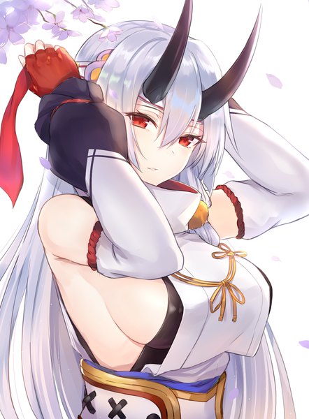 Anime picture 1200x1628 with fate (series) fate/grand order tomoe gozen (fate) kyouki single long hair tall image looking at viewer fringe breasts light erotic hair between eyes red eyes large breasts silver hair upper body traditional clothes parted lips japanese clothes horn (horns)