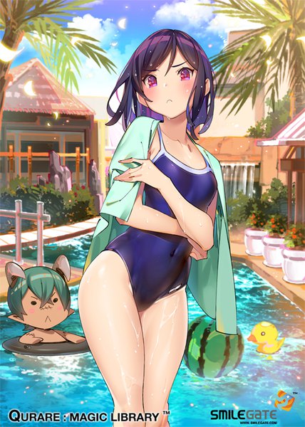 Anime picture 571x800 with qurare: magic library popqn single tall image looking at viewer blush fringe short hair light erotic hair between eyes standing sky purple hair cloud (clouds) outdoors pink eyes wet copyright name covered navel watermark