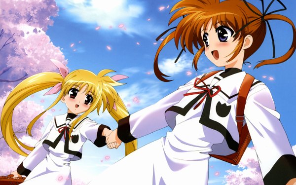 Anime picture 2560x1600 with mahou shoujo lyrical nanoha fate testarossa takamachi nanoha highres wide image girl serafuku