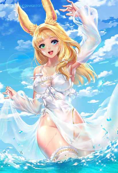 Anime picture 960x1400 with final fantasy final fantasy xiv square enix viera riiya (mabong1989) single long hair tall image looking at viewer blush fringe breasts open mouth blue eyes light erotic blonde hair smile large breasts standing green eyes