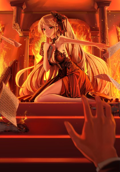 Anime picture 5004x7156 with original cryturtle tall image looking at viewer fringe highres breasts blonde hair large breasts bare shoulders yellow eyes absurdres cleavage full body indoors braid (braids) very long hair sleeveless kneeling outstretched arm