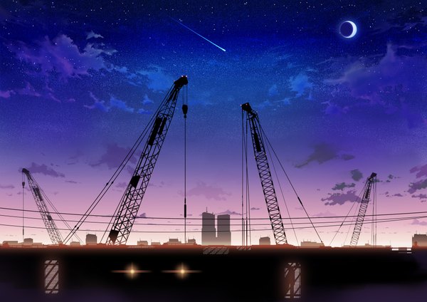 イラスト 2000x1414 と オリジナル ゼンジ highres cloud (clouds) night sky evening scenic crescent shooting star 建物 星 crane