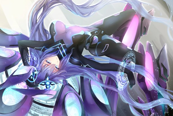 イラスト 2000x1347 と 超次元ゲイムネプテューヌ ネプテューヌ パープルハート next purple 一筆 ソロ 長髪 highres おっぱい 青い目 light erotic ツインテール purple hair very long hair magic 女の子 髪飾り ボディースーツ 魔法円