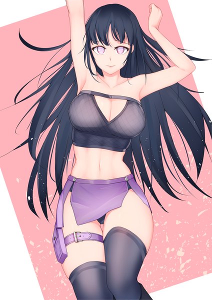 Anime picture 2480x3508 with naruto studio pierrot naruto (series) hyuuga hinata bangko single long hair tall image looking at viewer blush fringe highres breasts light erotic black hair simple background smile large breasts cleavage lying