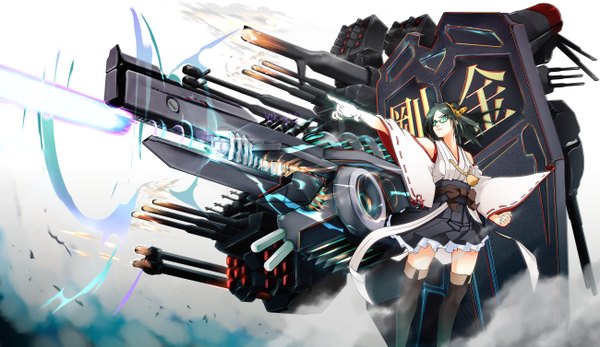 Anime picture 1300x753 with kantai collection kirishima battleship big.g single long hair highres black hair wide image bare shoulders green eyes traditional clothes japanese clothes pleated skirt wide sleeves outstretched arm nontraditional miko firing girl skirt weapon