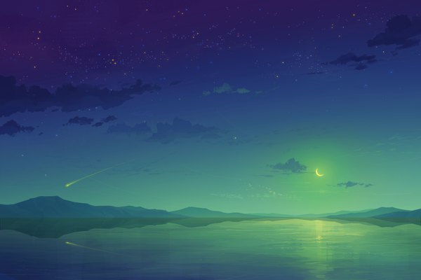 Anime picture 1500x1000 with original juuyonkou cloud (clouds) outdoors night night sky reflection horizon no people landscape crescent shooting star sea moon star (stars)