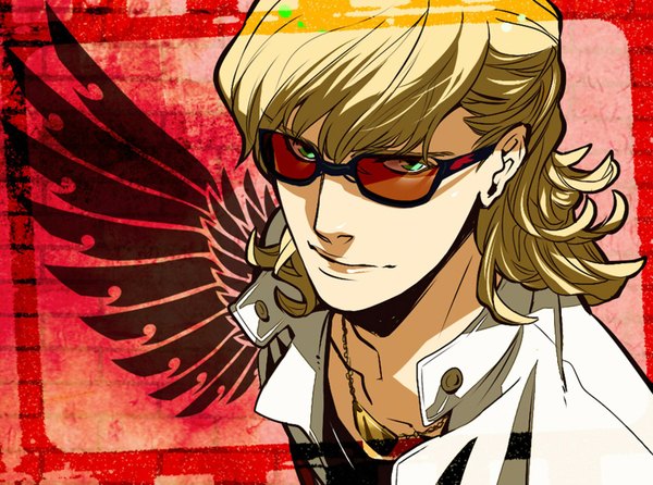 Anime picture 1610x1197 with tiger & bunny sunrise (studio) barnaby brooks jr. fringe short hair blonde hair green eyes face boy wings glasses jacket pendant