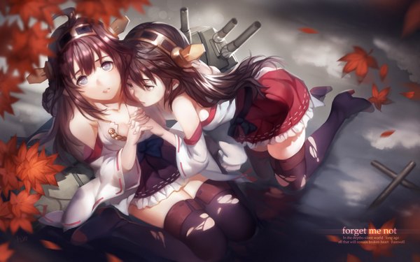 Anime picture 2800x1750 with kantai collection kongou battleship haruna battleship yykuaixian long hair highres blue eyes brown hair sitting multiple girls ahoge traditional clothes japanese clothes grey hair grey eyes zettai ryouiki kneeling text torn clothes holding hands