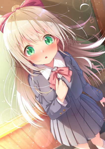 Anime picture 800x1131 with original moe2019 matokechi single long hair tall image looking at viewer blush fringe open mouth blonde hair hair between eyes standing green eyes payot indoors long sleeves pleated skirt sunlight :o