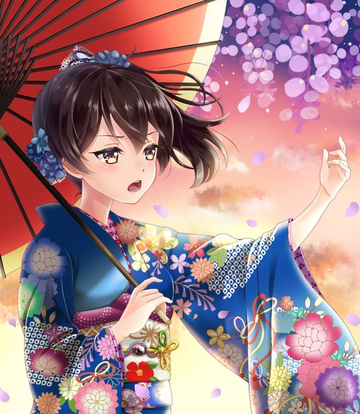 Anime picture 1000x1149 with kantai collection kaga aircraft carrier hakuda tofu single long hair tall image blush fringe open mouth brown hair holding brown eyes looking away sky cloud (clouds) long sleeves traditional clothes japanese clothes hair flower sunlight