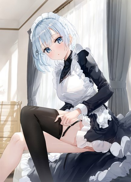 Anime picture 1852x2560 with tantei wa mou shindeiru siesta (tantei wa mou shindeiru) fuumi (radial engine) single tall image looking at viewer blush fringe highres short hair blue eyes light erotic sitting silver hair bent knee (knees) indoors long sleeves maid frilled dress girl