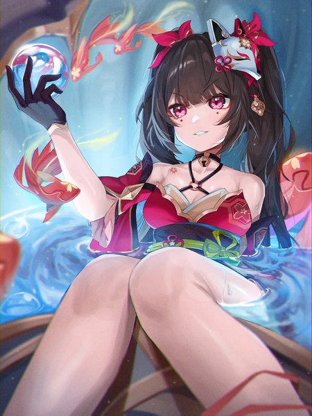 Anime picture 1128x1505 with honkai: star rail honkai (series) sparkle (honkai: star rail) kd (kdh45689) single long hair tall image fringe breasts light erotic smile brown hair sitting twintails bare shoulders payot looking away blunt bangs parted lips pink eyes