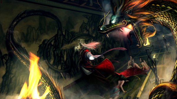 Anime picture 1667x937 with original okita wide image hat fire dragon