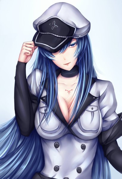 Anime picture 1000x1460 with akame ga kill! white fox esdeath aaeru single long hair tall image looking at viewer blue eyes light erotic blue hair cleavage girl peaked cap