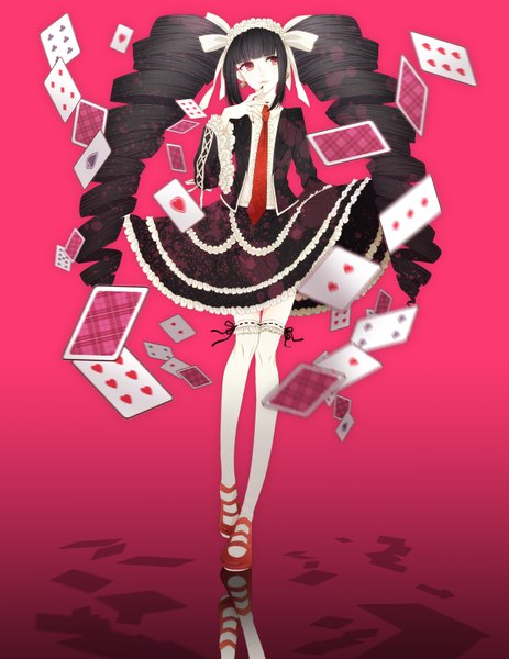 Anime picture 2700x3500 with dangan ronpa celestia ludenberg tall image highres black hair red eyes full body very long hair drill hair pink background girl thighhighs dress white thighhighs frills card (cards)