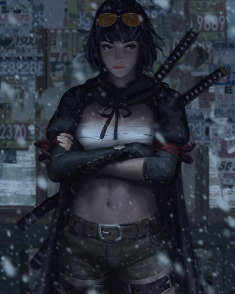 Anime picture 1440x1800 with original guweiz single tall image fringe short hair black hair standing looking away blunt bangs lips realistic midriff grey eyes snowing crossed arms sunglasses on head sheathed girl gloves