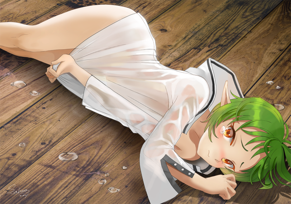 Anime picture 1139x800 with mushoku tensei studio bind sylphiette (mushoku tensei) sabcoo single looking at viewer blush fringe short hair light erotic brown eyes ahoge ass lying green hair from above wide sleeves embarrassed on side elf