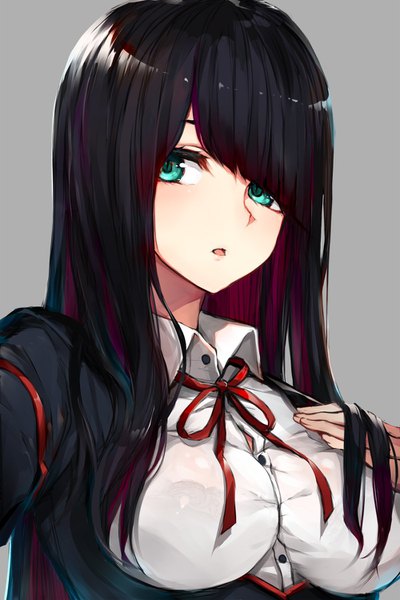 Anime picture 1000x1500 with original watao single long hair tall image blush fringe breasts open mouth light erotic black hair simple background large breasts looking away upper body multicolored hair aqua eyes grey background two-tone hair colored inner hair