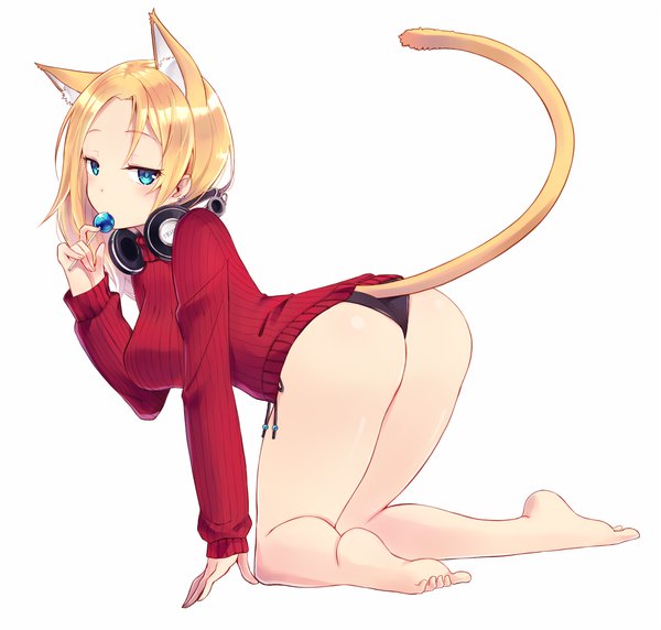 Anime picture 1132x1081 with original itsumi mita single long hair looking at viewer blush breasts blue eyes light erotic simple background blonde hair large breasts white background animal ears payot full body ass tail animal tail looking back