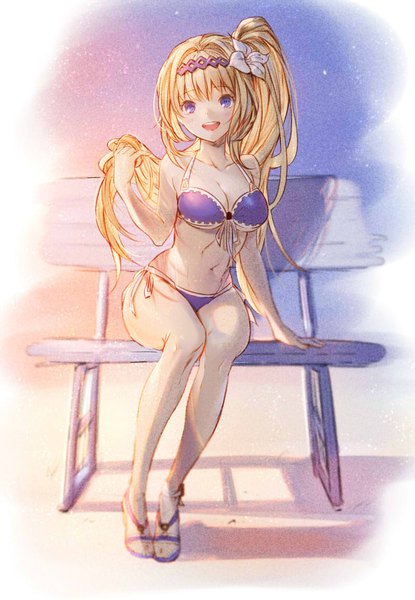 Anime picture 798x1152 with granblue fantasy jeanne d'arc (granblue fantasy) shishi (xx) single long hair tall image looking at viewer fringe breasts open mouth blue eyes light erotic blonde hair simple background hair between eyes sitting cleavage full body ponytail :d