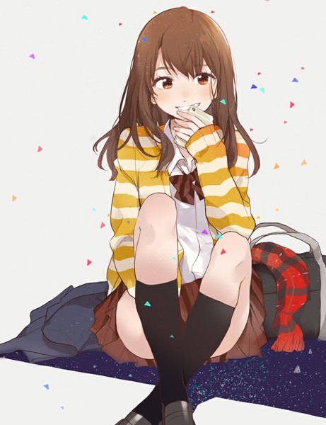 Anime picture 717x933 with original fly (marguerite) single long hair tall image fringe smile brown hair sitting brown eyes bent knee (knees) pleated skirt striped open collar clenched teeth leg hug convenient leg girl skirt bow