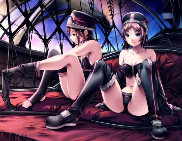 Anime picture 1280x993 with original rezi short hair blue eyes light erotic brown hair multiple girls girl thighhighs black thighhighs 2 girls hat detached sleeves