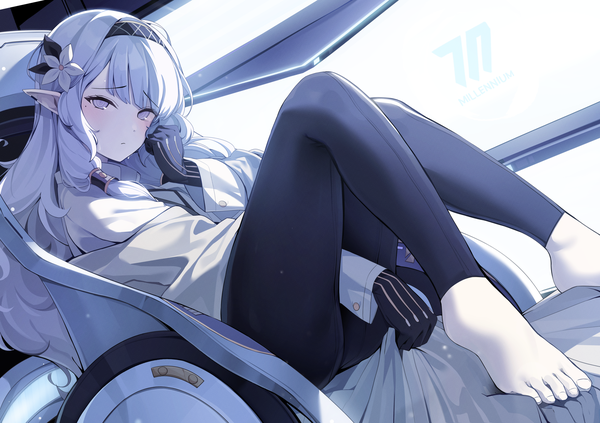 Anime picture 2486x1754 with blue archive himari (blue archive) ddangbi single long hair fringe highres sitting silver hair full body barefoot hair flower pointy ears mole sweat dutch angle mole under eye silver eyes girl gloves