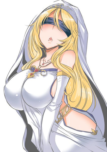 Anime picture 566x800 with goblin slayer! sword maiden eba single long hair tall image blush fringe breasts open mouth light erotic simple background blonde hair standing white background bare shoulders ass huge breasts sideboob saliva