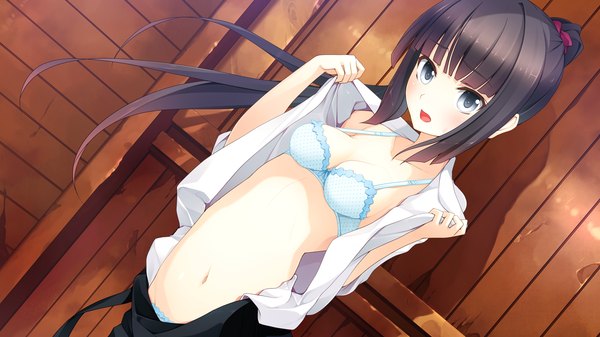 Anime picture 1280x720 with hyouka no mau sora ni shiori mitsuike long hair blush open mouth blue eyes light erotic black hair wide image game cg ponytail girl navel