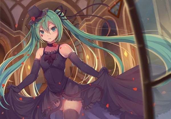 Anime picture 1500x1040 with vocaloid hatsune miku rafael-m single looking at viewer twintails bare shoulders very long hair aqua eyes aqua hair girl thighhighs dress gloves ribbon (ribbons) black thighhighs hair ribbon hat black gloves elbow gloves