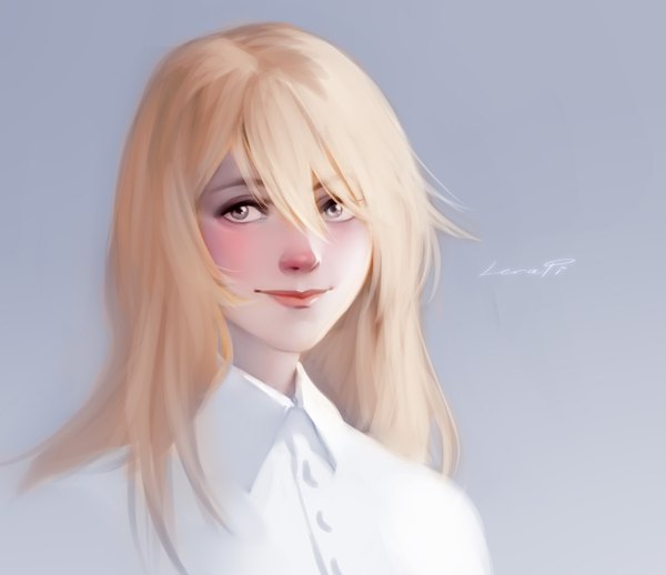 Anime picture 2140x1850 with tagme (copyright) lerapi single long hair looking at viewer blush fringe highres blonde hair hair between eyes signed light smile realistic grey background grey eyes lipstick portrait soft beauty girl shirt
