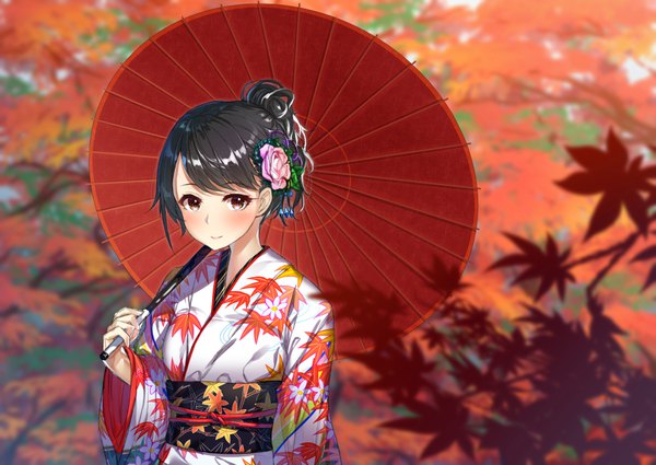 Anime picture 1002x710 with original hakuishi aoi single looking at viewer blush black hair brown eyes traditional clothes japanese clothes hair flower girl hair ornament flower (flowers) kimono leaf (leaves) umbrella obi oriental umbrella