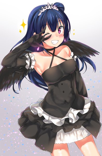 Anime picture 1758x2689 with love live! sunshine!! sunrise (studio) love live! tsushima yoshiko kawai (purplrpouni) single long hair tall image blush fringe highres smile purple eyes bare shoulders blue hair one eye closed wink sparkle hair bun (hair buns) gradient background