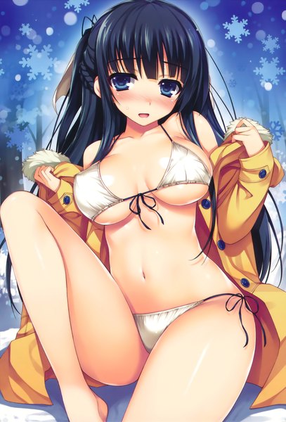 Anime picture 1356x2000 with tomose shunsaku single long hair tall image looking at viewer blush breasts blue eyes light erotic black hair sitting open clothes erect nipples covered nipples winter snow girl navel swimsuit bikini