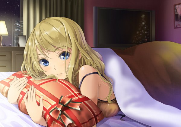 Anime picture 842x595 with original yoropa single long hair looking at viewer blue eyes blonde hair lying girl pillow bed