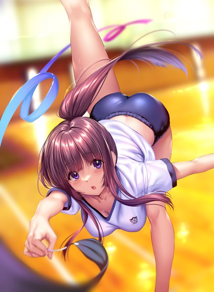 Anime picture 2838x3872 with hanikami kanojo shizuki neru piromizu single long hair tall image looking at viewer blush fringe highres breasts open mouth light erotic brown hair large breasts standing purple eyes holding payot ass