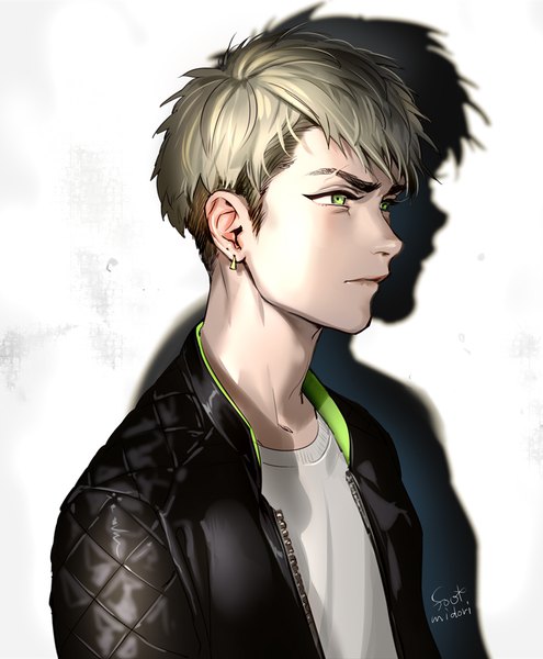 Anime picture 742x900 with original midori foo single tall image fringe short hair blonde hair simple background white background green eyes signed looking away upper body profile open jacket shadow portrait scar eyebrows boy