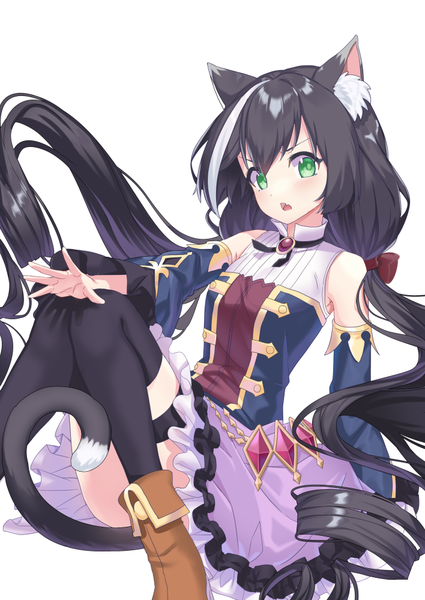 Anime picture 708x1000 with princess connect! re:dive princess connect! karyl (princess connect!) nyori single tall image looking at viewer fringe open mouth black hair simple background hair between eyes white background sitting twintails green eyes animal ears tail very long hair animal tail