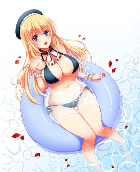 Anime picture 1100x1356 with kantai collection atago heavy cruiser sotogawa max single long hair tall image looking at viewer blush breasts open mouth blue eyes light erotic blonde hair large breasts girl navel swimsuit bikini petals black bikini
