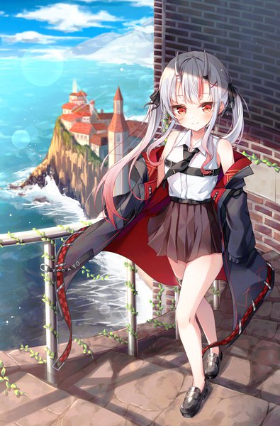 Anime picture 2694x4096 with virtual youtuber hololive nakiri ayame nakiri ayame (streetwear) beliatan single long hair tall image looking at viewer blush fringe highres smile red eyes standing twintails bare shoulders silver hair full body outdoors